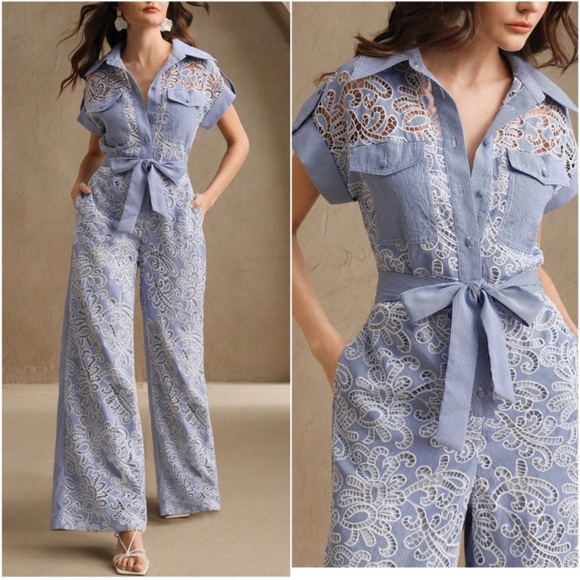 Striped Lace Button Cuff Sleeve Wide Leg Belted Jumpsuit S M L XL